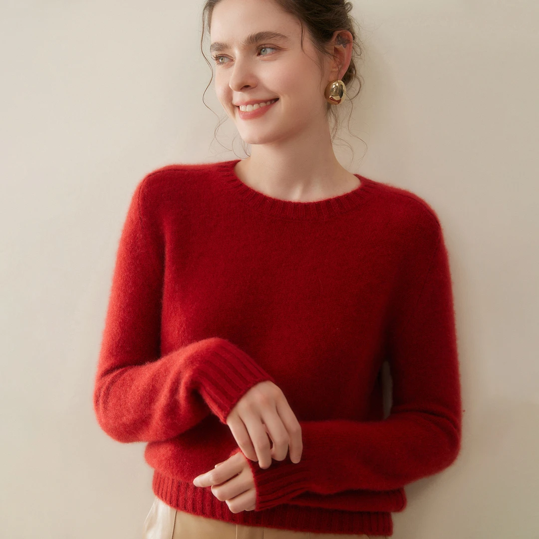 秋冬新品山羊绒五针三股加厚马鞍肩圆领气质宽松针织羊绒衫毛衣