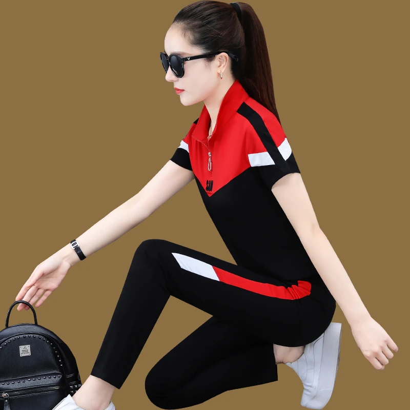 夏季运动服套装女2025新款时尚显瘦大码宽松冰丝短袖休闲两件套薄