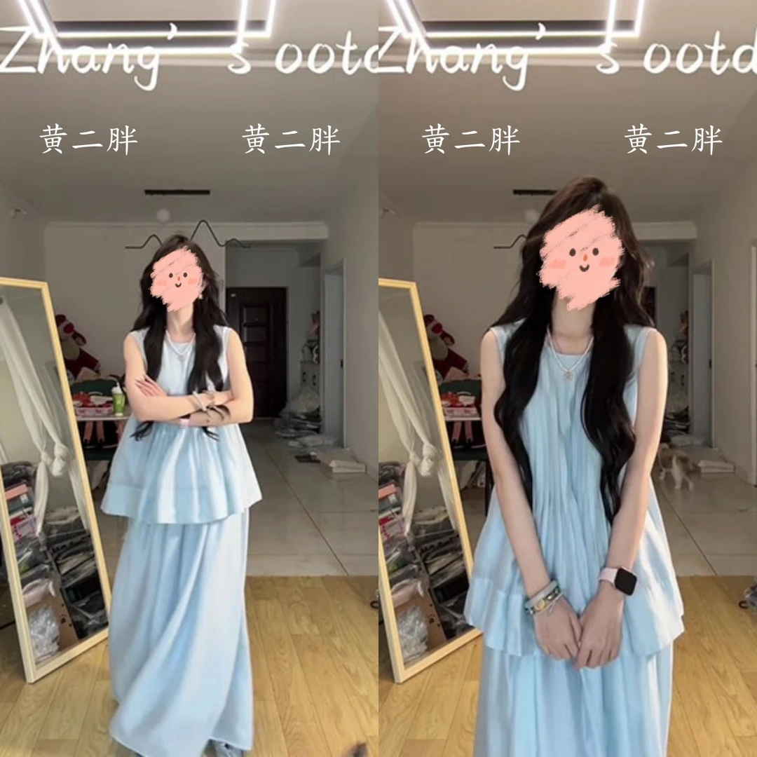 夏装新款搭配一整套法式桔梗蓝色上衣半身裙减龄洋气时尚套装