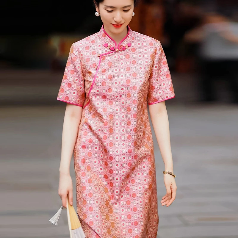 复古日记“蝴蝶宝相”手工高定如意扣蜀锦旗袍连衣裙252L7567