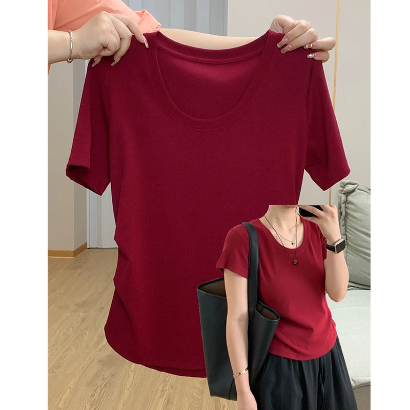大码200斤气质名媛正肩U领短袖t恤女夏季褶皱掐腰时尚百搭上衣ins
