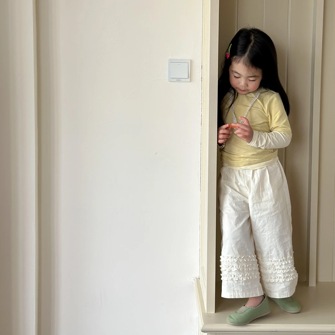《现货》女童2025春季新款韩版假两件拼色上衣白色花边阔腿裤套装