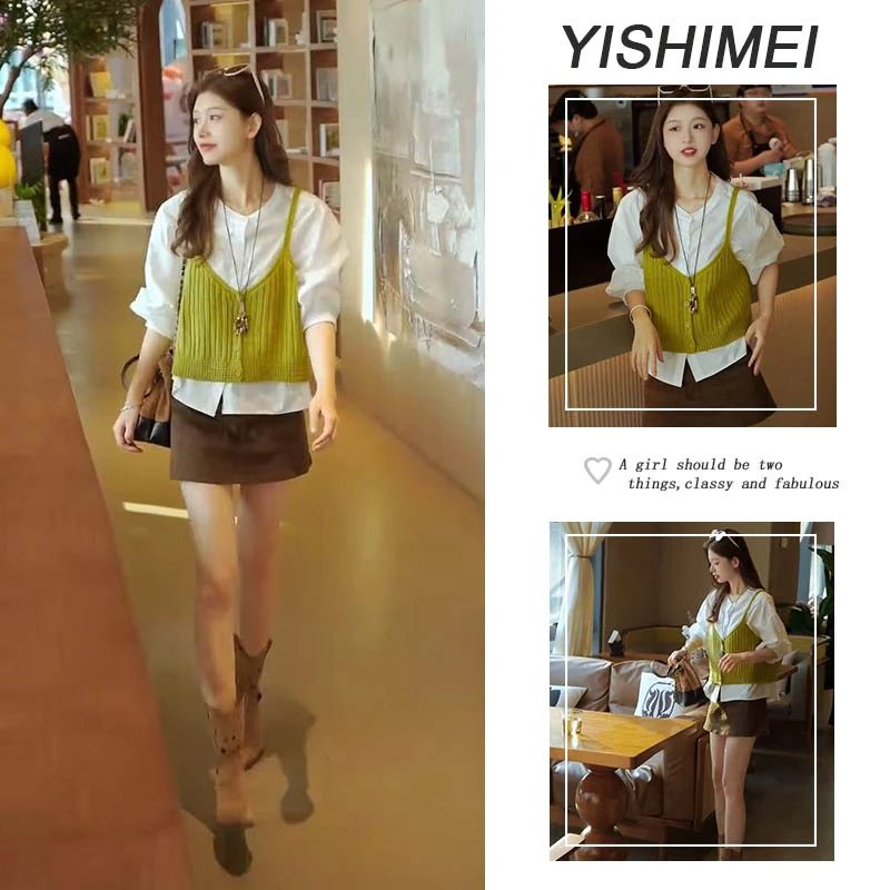 秋季2025年新款爆款高级感长袖衬衫针织马甲上衣高腰直筒短裙套装