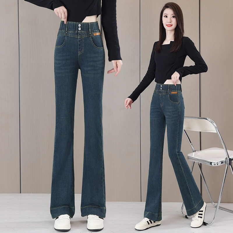 松紧腰加绒微喇牛仔裤子秋冬新款喇叭裤女款爆款2025新款女款高腰