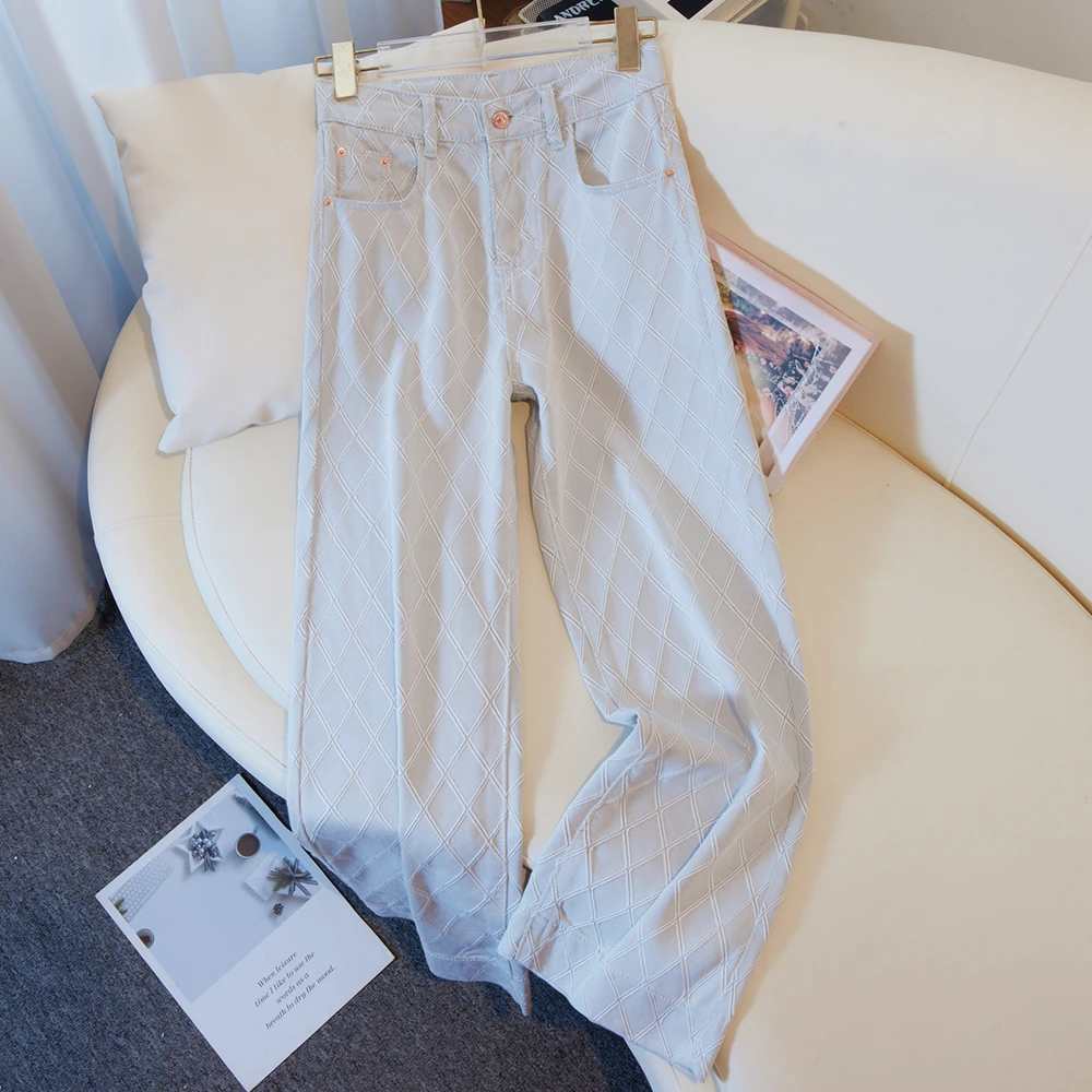 妙臻白灰色菱形提花高腰宽松牛仔裤女九分裤子阔腿裤子女新款3305