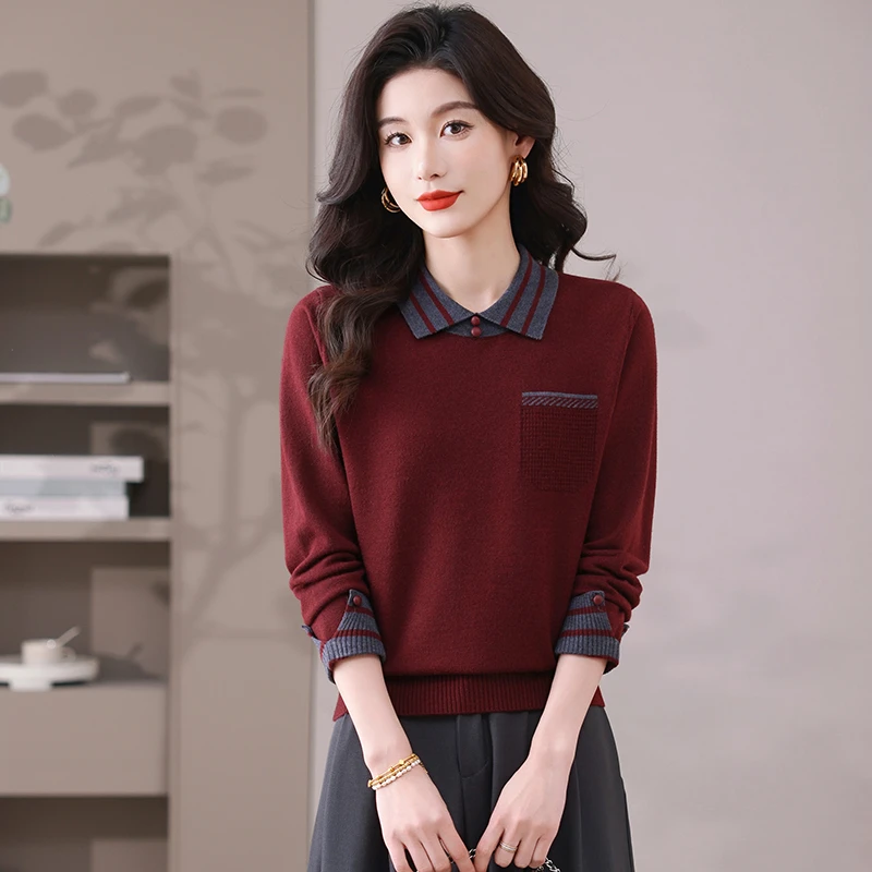 2025春季新款时尚翻领气质高贵休闲百搭洋气长袖宽松套头毛衣