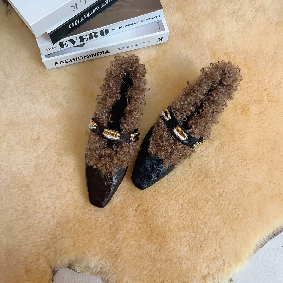 冬季女士时尚百搭贝壳扣加厚平底方头加绒深口毛毛单鞋D0029