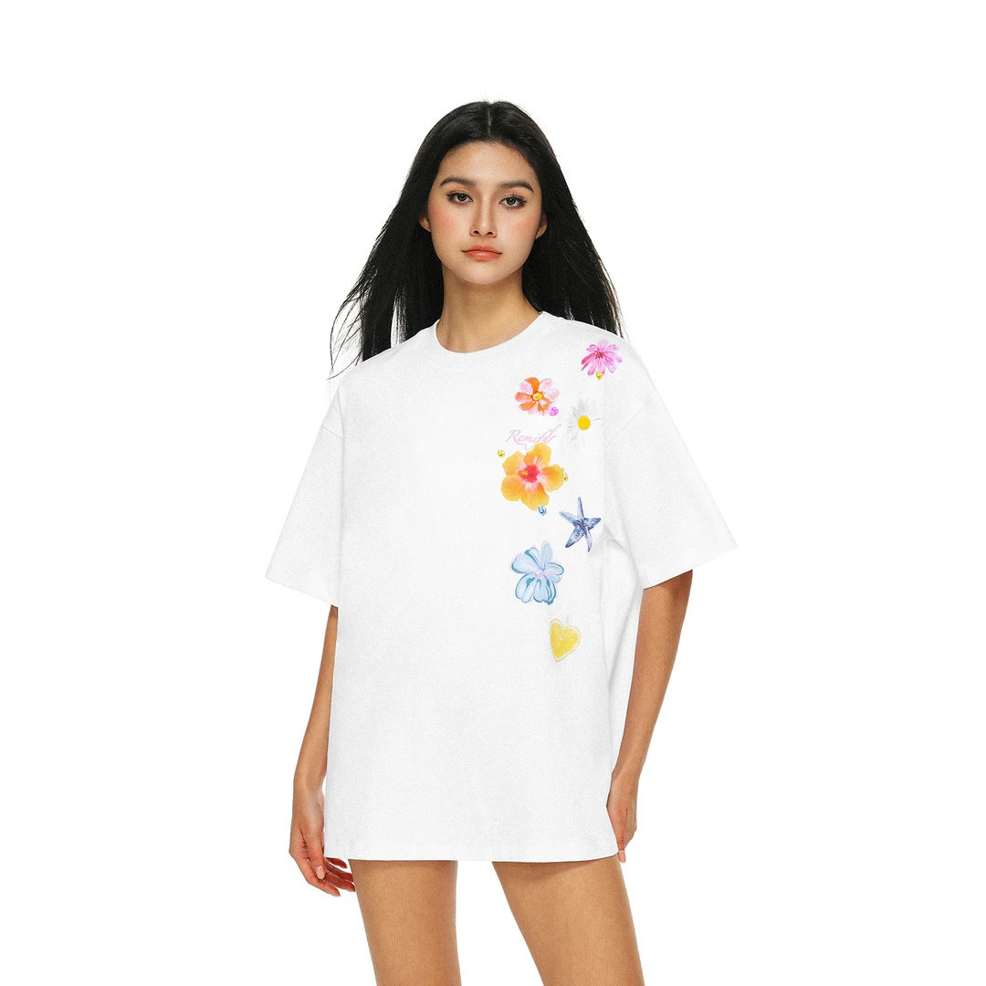 FDR官方店 辣妹花朵侧边印花短袖t恤男女夏季休闲情侣装体恤上衣