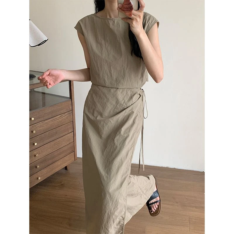 极简时装周Lem风绑带上衣显瘦半裙夏季新款韩系休闲减龄气质套装