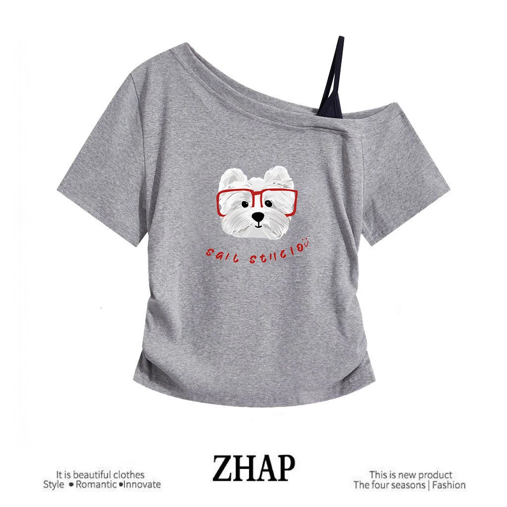 【ZHAP】新款斜肩吊带短袖t恤女露肩卡通字母2025夏季显瘦修身上衣