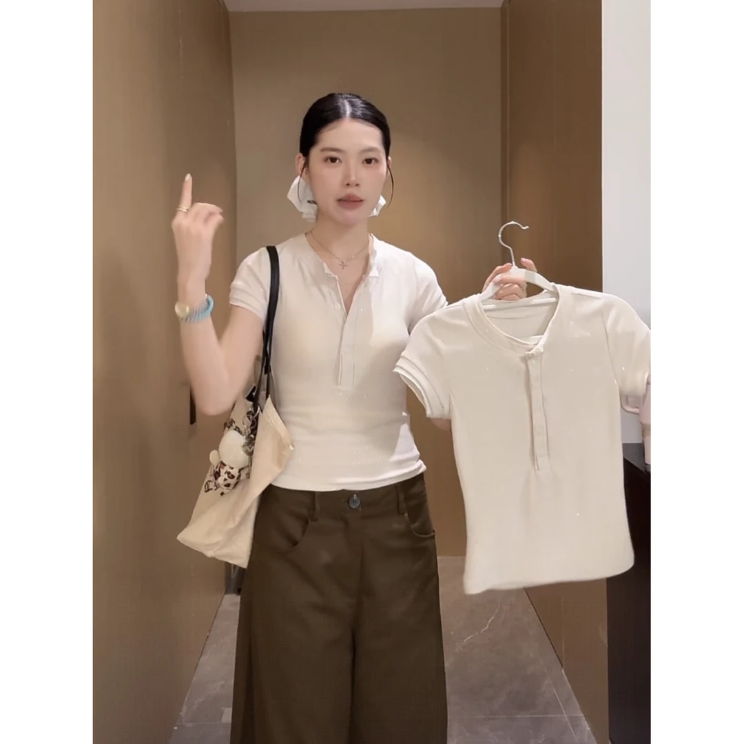 夏季设计感米毛针织短袖上衣女凉爽透气的修身T恤打底衫Y3746