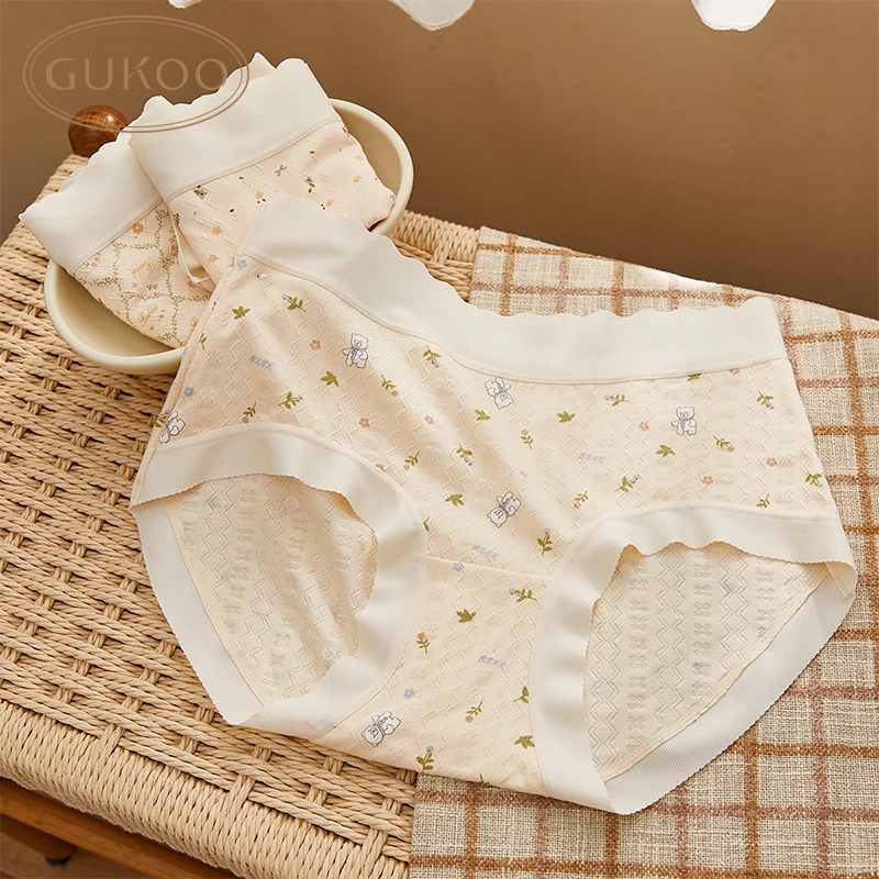 【Gukoo果壳】内裤卡通甜美清新小碎花中腰网纱女生3条装三角短裤