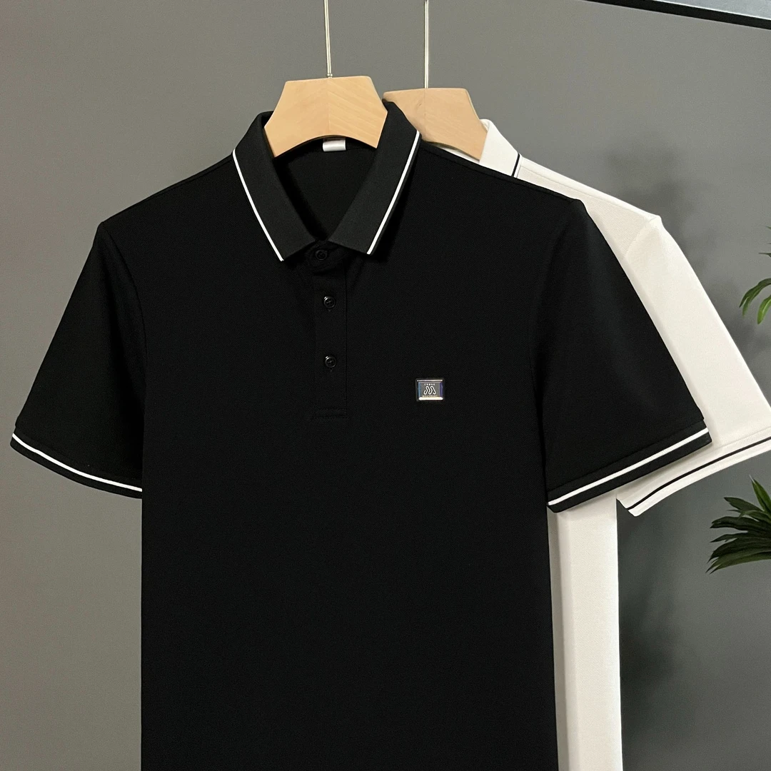 百搭几何薄款简欧风Polo衫短袖上衣男士夏季休闲修身翻领22533