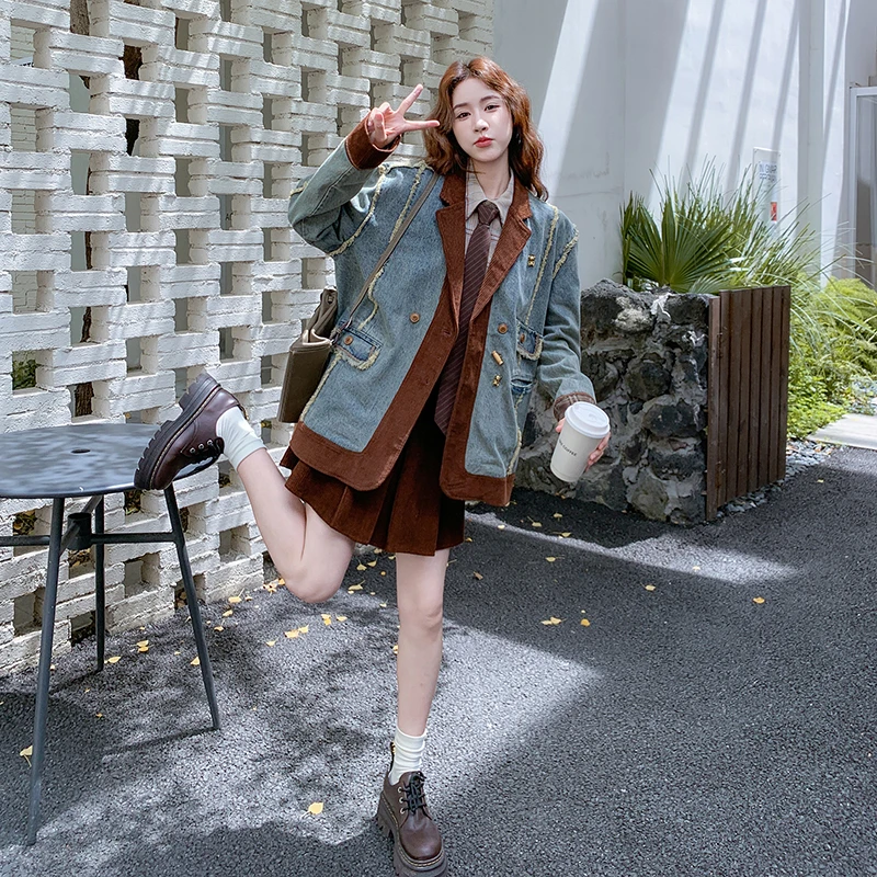 浅蓝色复古牛仔西服套装裙女2025秋季韩系学院风气质百褶裙两件套