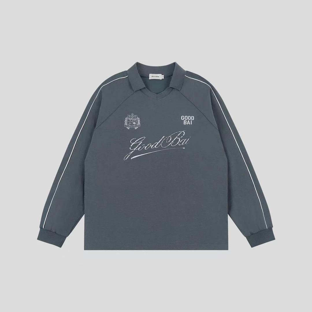 GOODBAI 粗体斜体组合logo做旧印花撞色翻领插肩长袖T恤