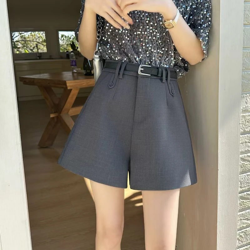 灰色阔腿西装短裤女夏季2025新款小个子高腰宽松显瘦休闲a字热裤
