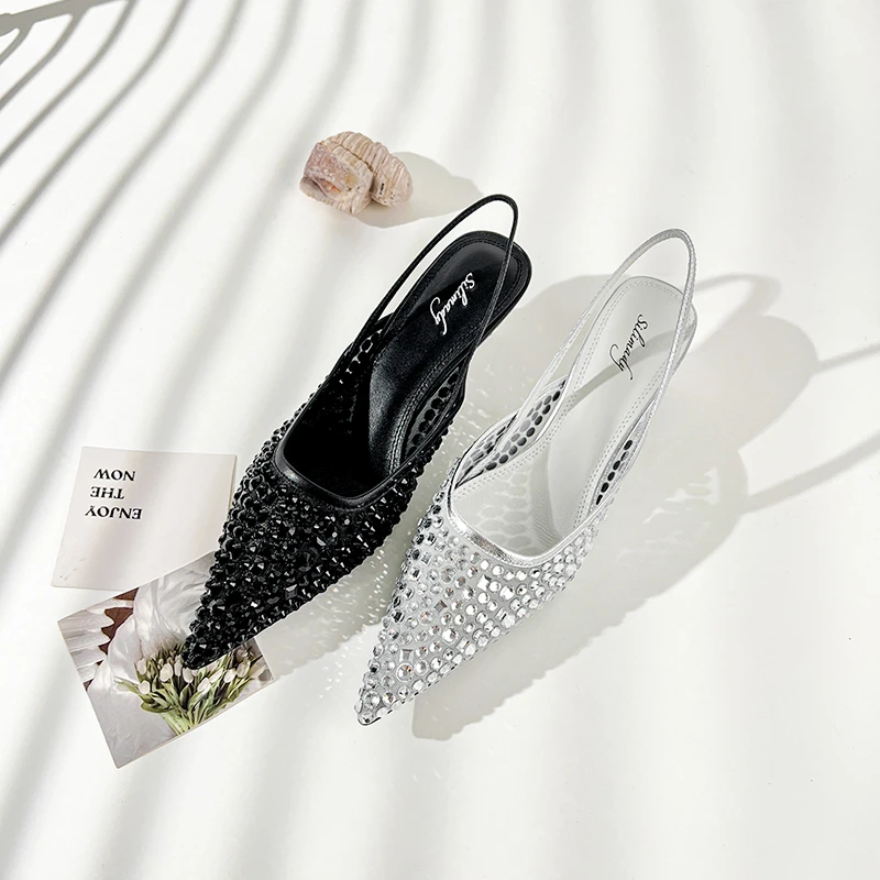 2025新款水钻尖头细跟气质时装凉鞋百搭宴会一脚蹬性感单鞋