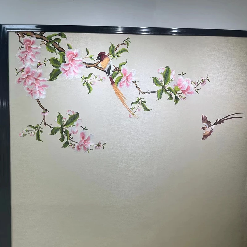独绣刺绣无缝壁布花鸟四季平安粉客厅电视沙发背景墙布新中式独秀