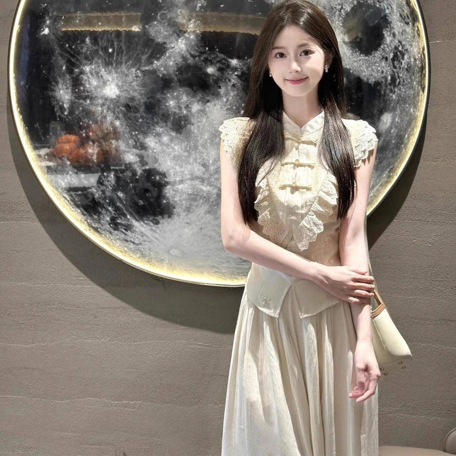 画报夫人时尚套装中式女装蕾丝长款中国风复古显瘦（实物偏白）