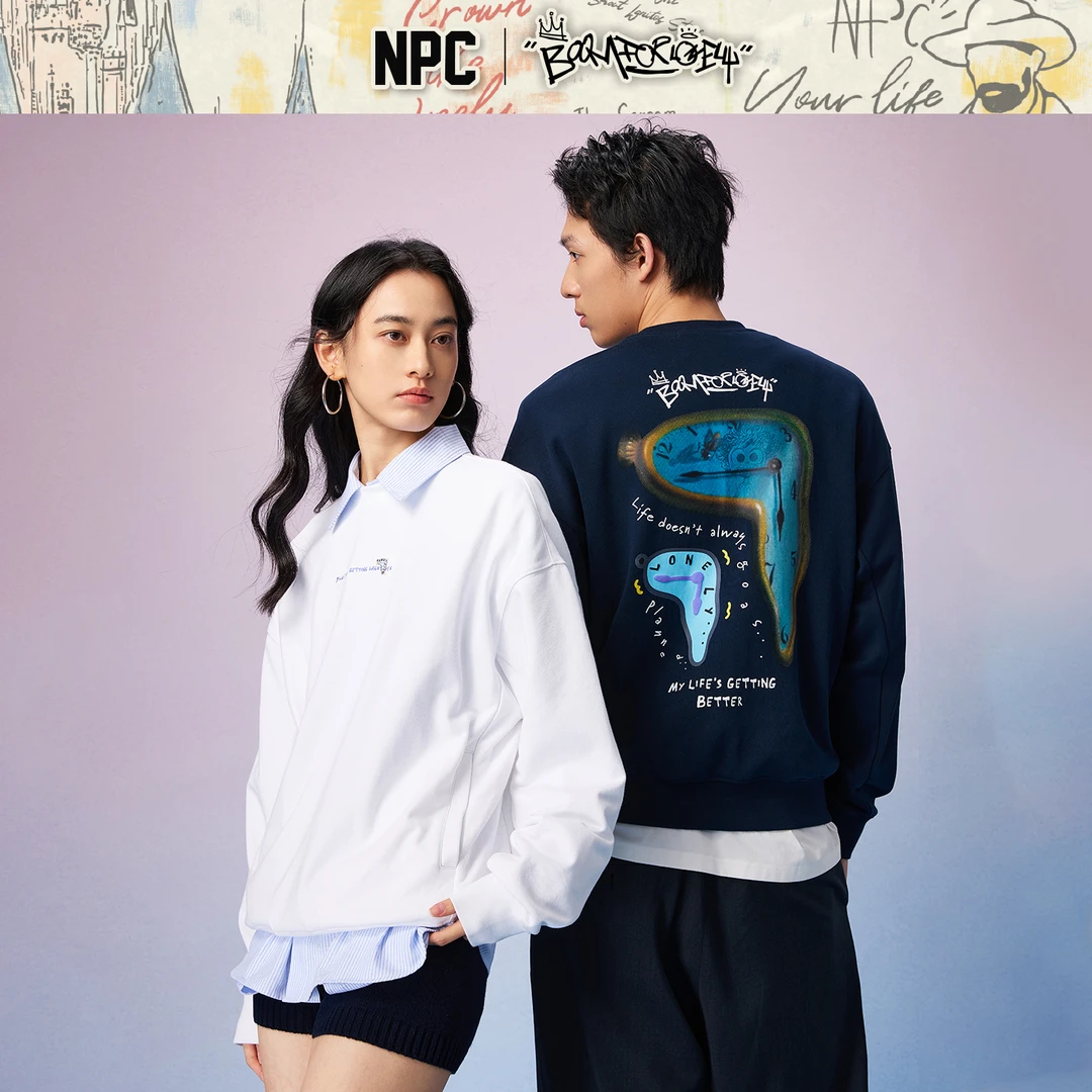NPC潮牌棉混纺印花圆领长袖卫衣男宽松秋季上新NP57ST46
