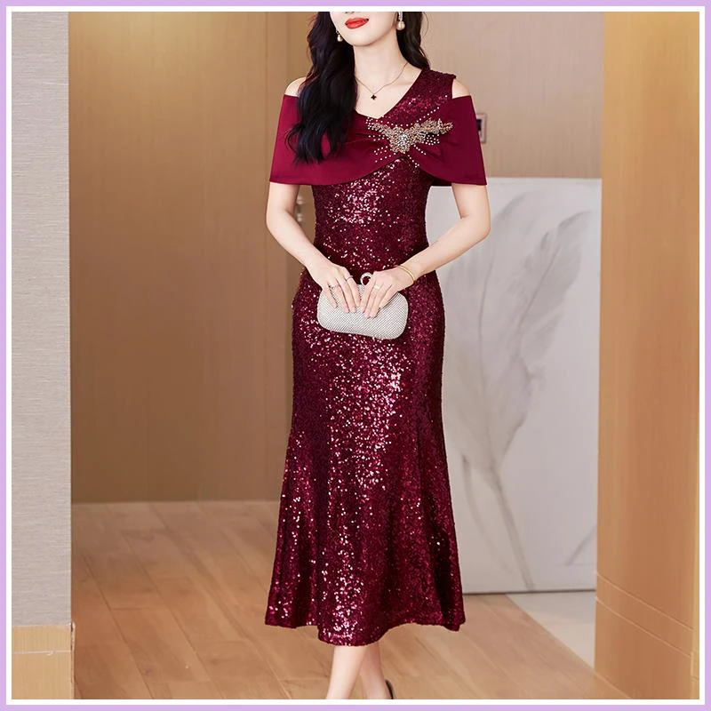 慕紫咔咔旗袍高端大气上档次夏季喜婆婆婚宴装披肩式亮片礼服洋装