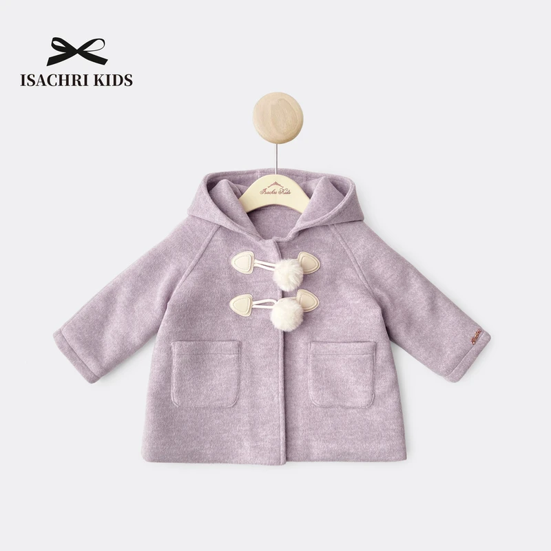 【6.18反季清】曼莎 女童紫色羊毛大衣秋冬季儿童保暖连帽外套IS298