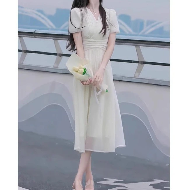 2025夏季新款赫本风收腰长裙夏季连衣裙气质裙子女装气质百搭