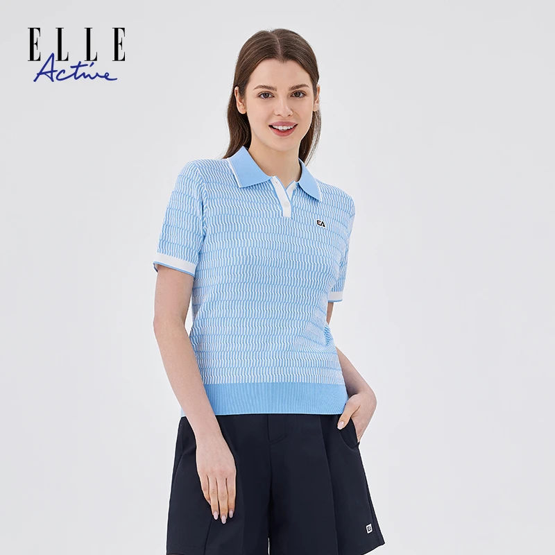 ELLE Active夏季立体绞花翻领针织衫女通勤风polo衫新款休闲上衣