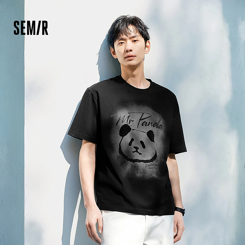 森马短袖T恤男国潮熊猫印花t恤黑色内搭宽松2025夏季新款上衣时髦