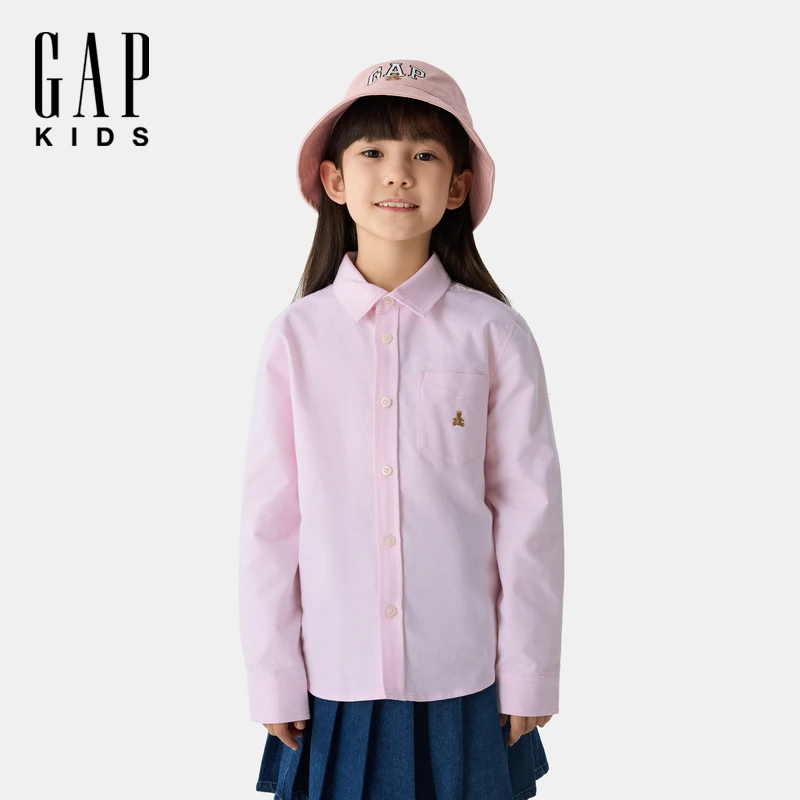 Gap【大小童同款】男女童2025春季新款纯棉小熊长袖衬衫 DR 675835