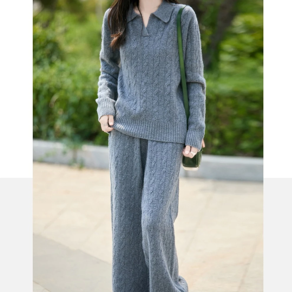 ZA-6534气质宽松慵懒风麻花针织衫搭配阔腿裤套装
