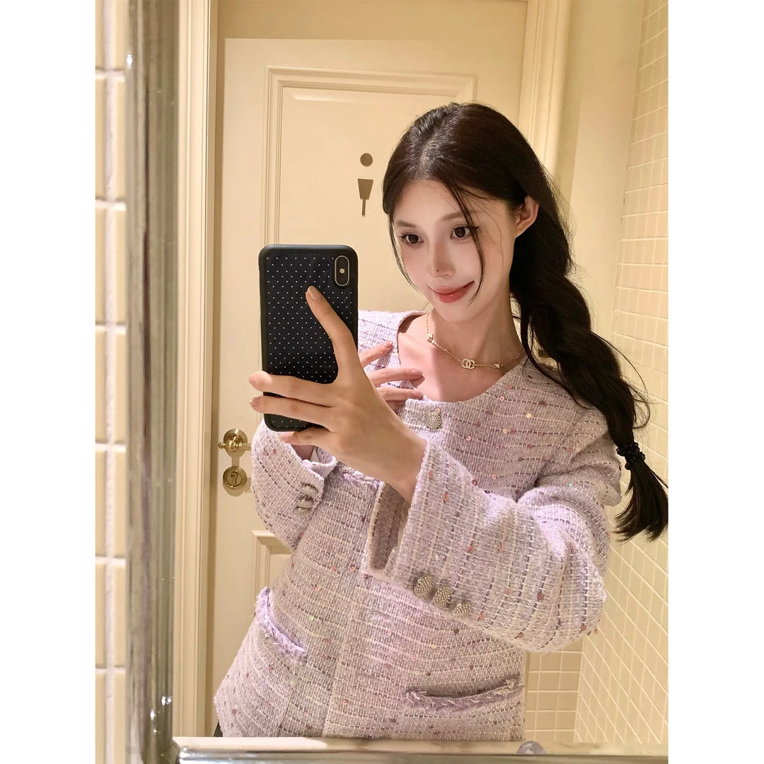 叁月芹菜 清仓no退no换！chao紫色小香风廓形外套女秋新款时髦