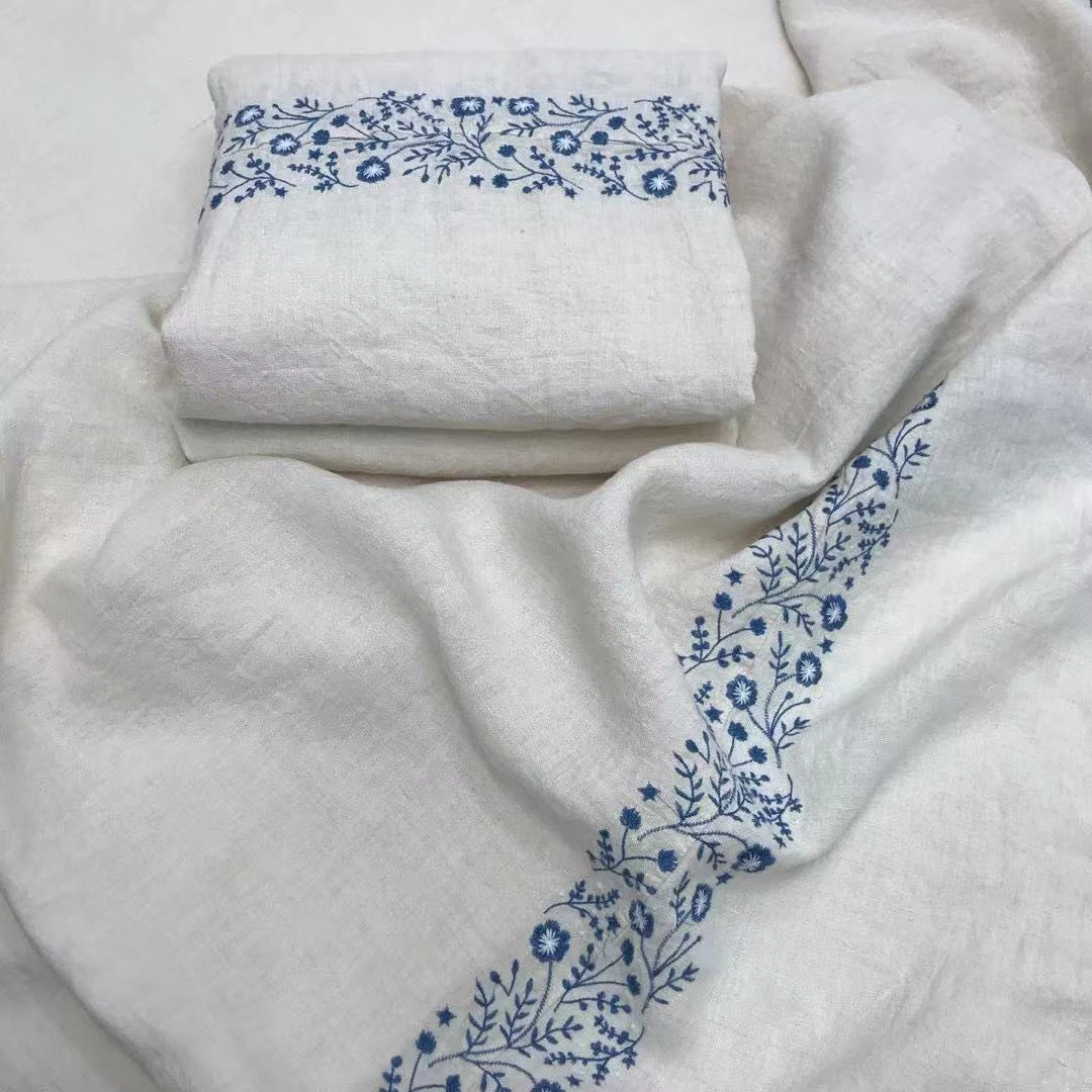 C838外贸尾单100汉麻5支加厚刺绣床单2.4*2.5抑菌舒适可铺可盖