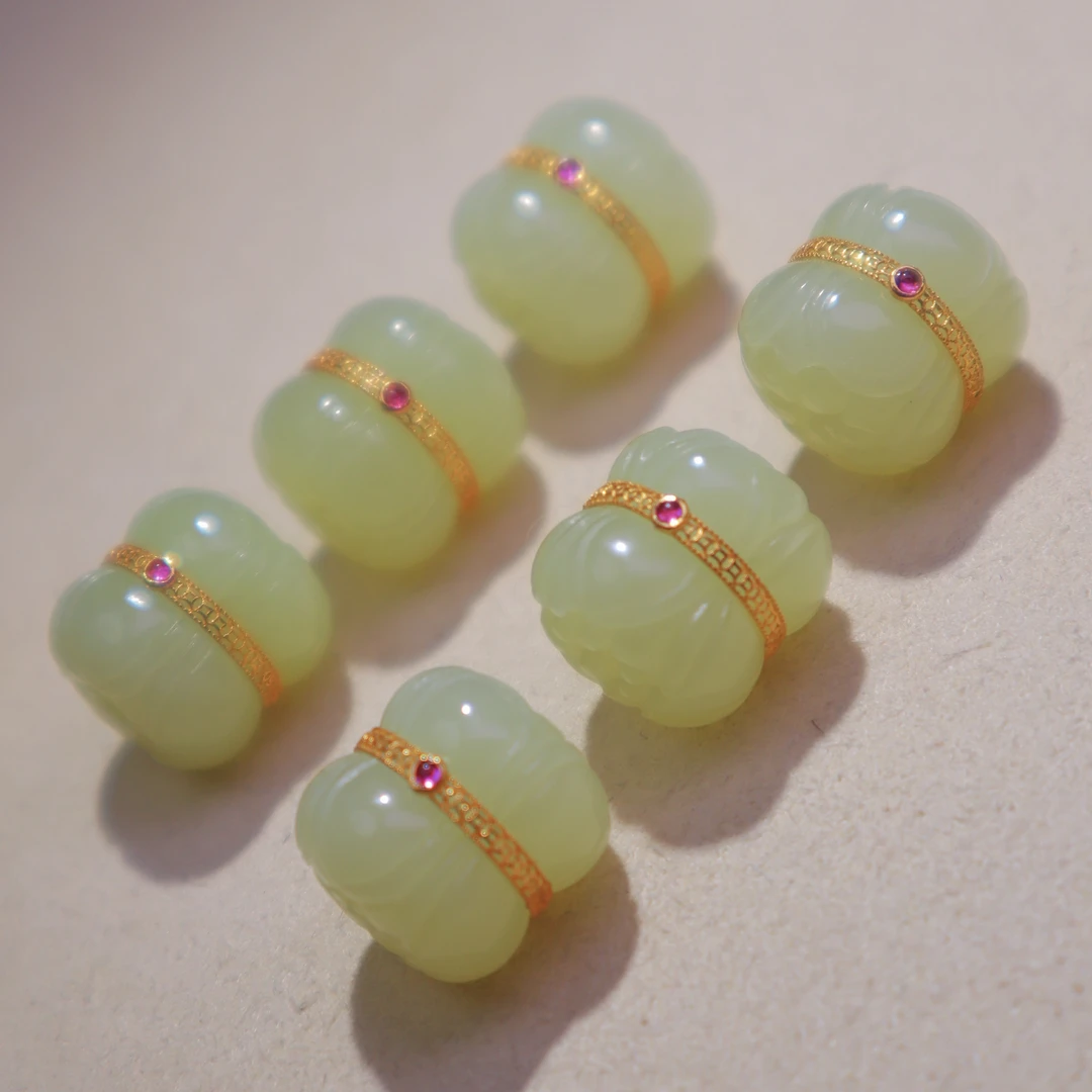 天然和田玉新疆若羌黄口18K金镶并蒂莲路路通吊坠配件多用款@0063