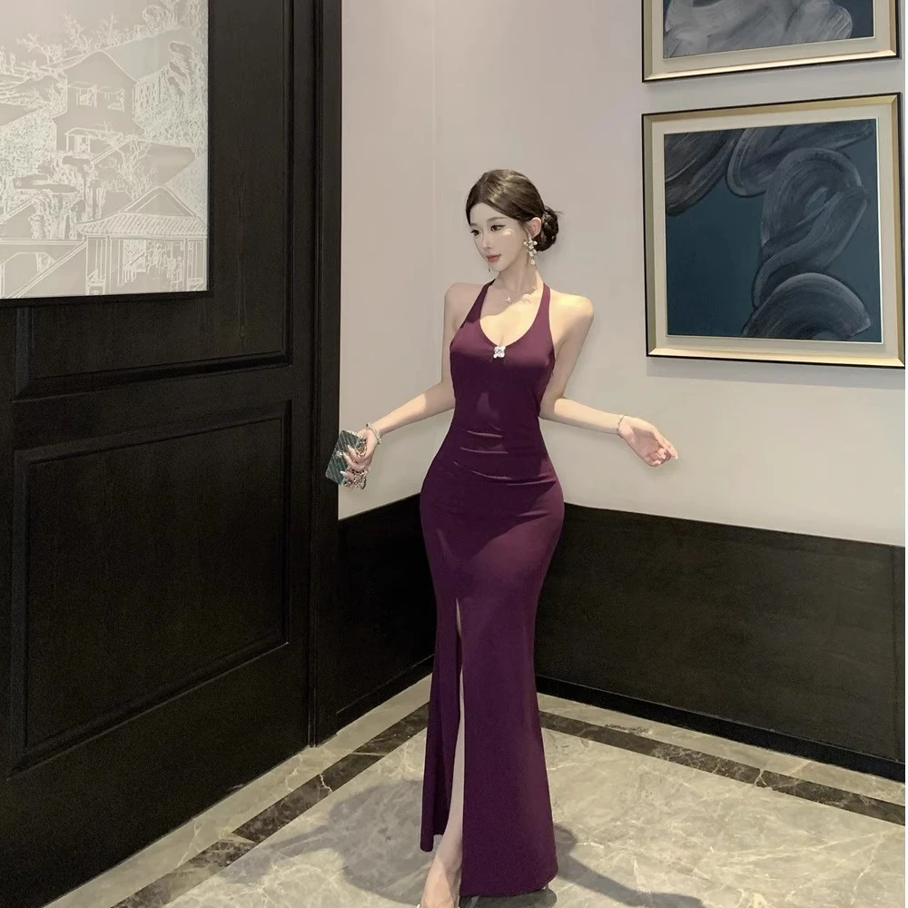 长裙连衣裙圣诞御姐风侧开叉长裙名媛露背挂脖开叉修身显瘦吊带裙