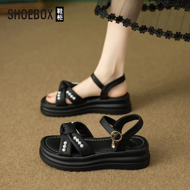 SHOEBOX鞋柜踩屎感厚底凉鞋女士夏外穿2025新款百搭防滑黑色凉鞋