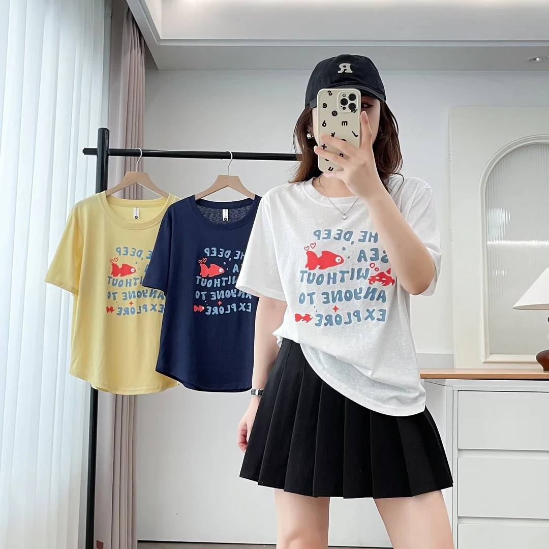 大码胖mm夏季新款宽松百搭显瘦气质减龄设计感印花圆领短袖T恤