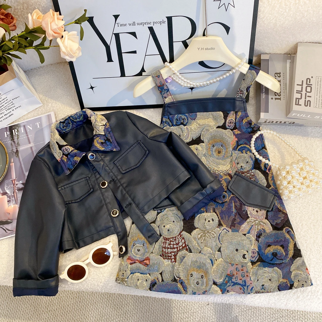 T3【悦禾】秋季复古小熊提花女童韩版小香风时尚儿童套装7209