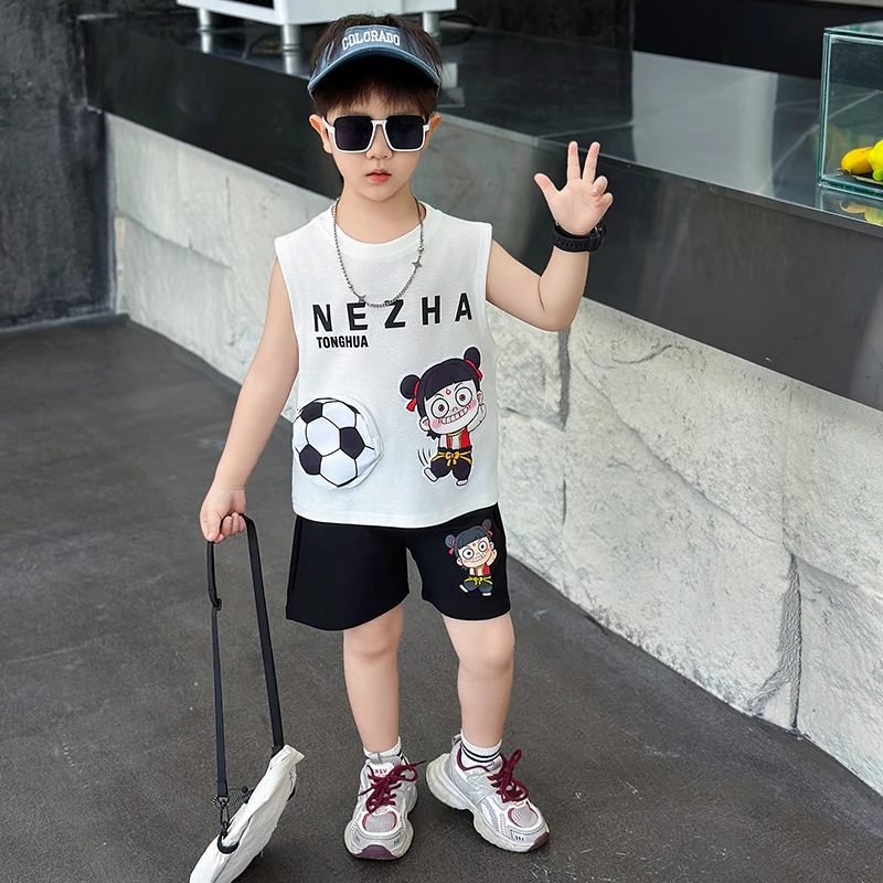 哪吒衣服儿童无袖套装2025夏季新款立体足球哪吒简约休闲痞帅套装
