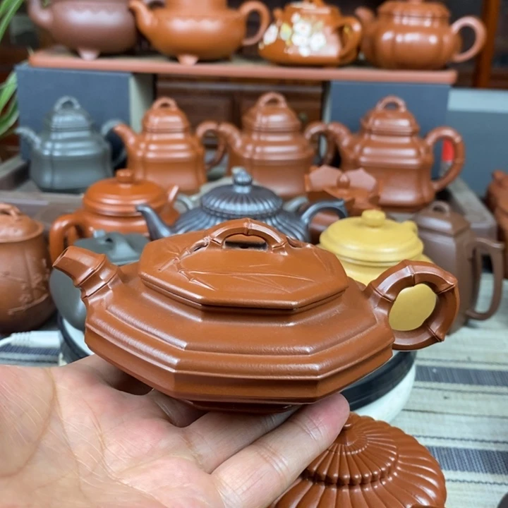 茶壶紫砂八方扁竹150Cc原矿赵庄朱泥特价
