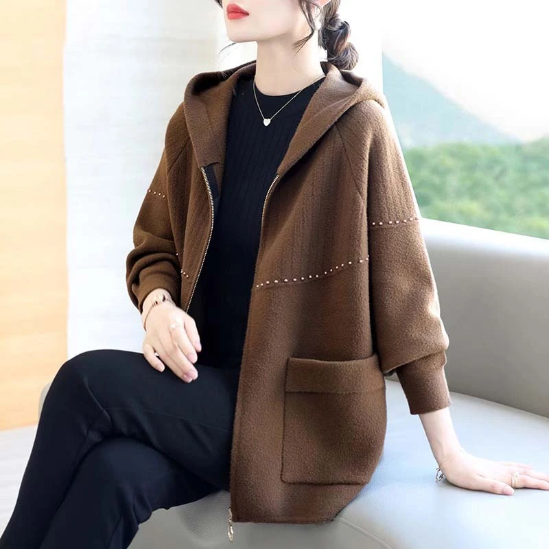 妈妈春装毛呢外套新款50多岁连帽上衣时尚精致中老年女装秋冬风衣