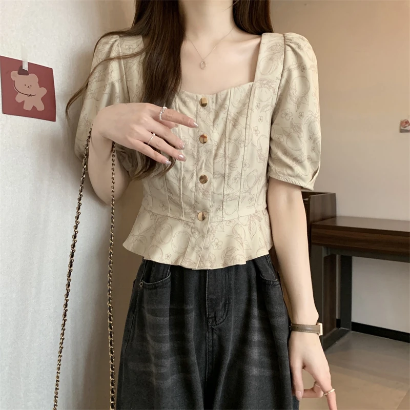 微胖胖mm法式小众设计泡泡袖方领短袖衬衫时尚百搭短款上衣