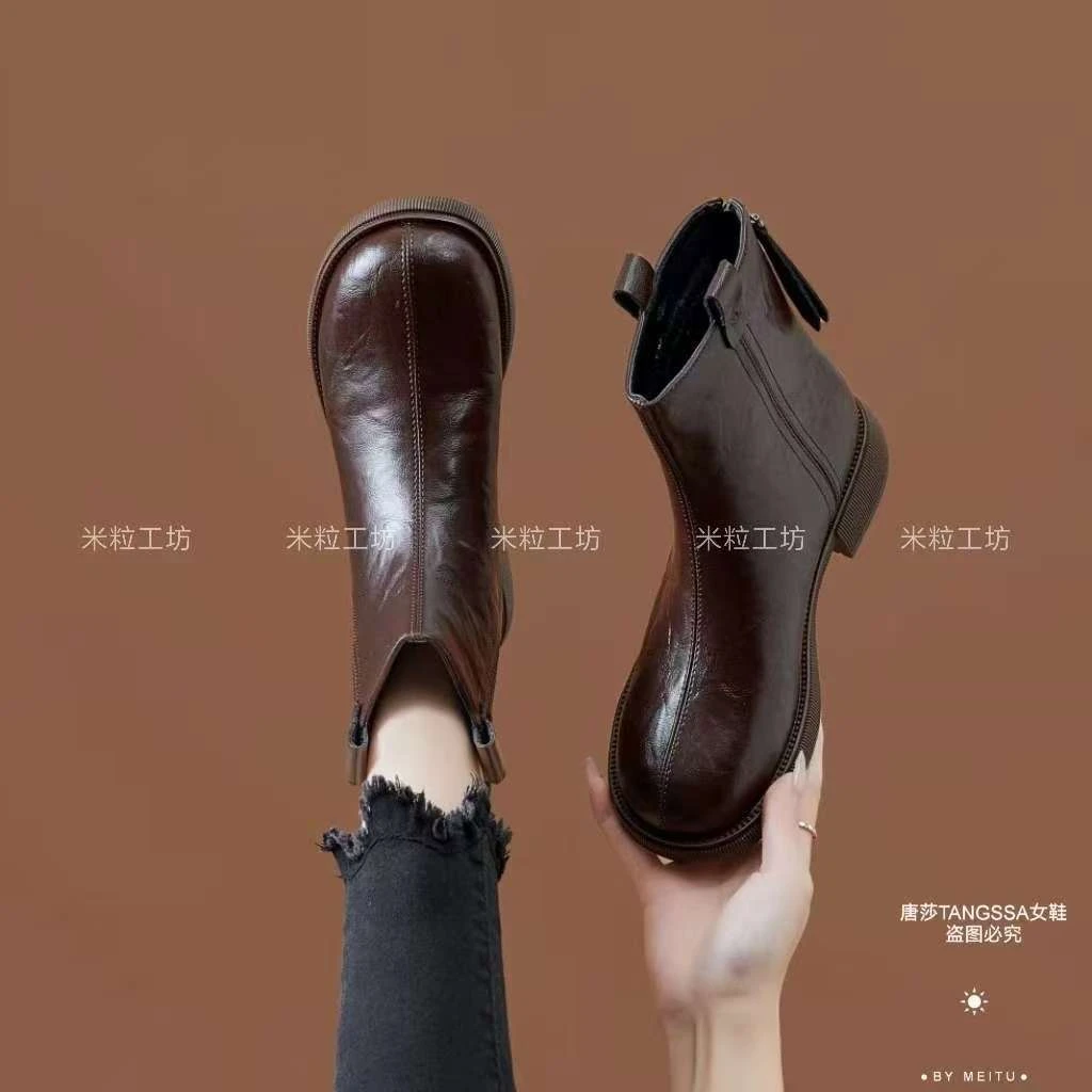2025真皮女休闲低跟秋冬秋季后拉链马丁靴时尚女鞋女士百搭6828-1