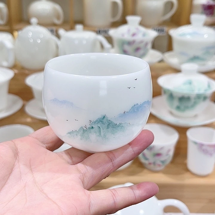 主人杯璞玉素烧绿山水主人杯150-111111