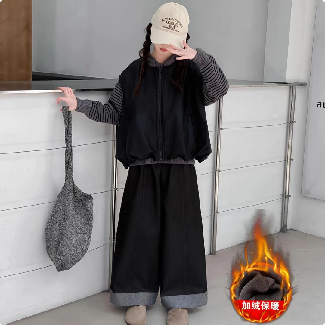 女童套装2025新款秋冬儿童洋气时髦大童韩版条纹打底衫马甲三件套