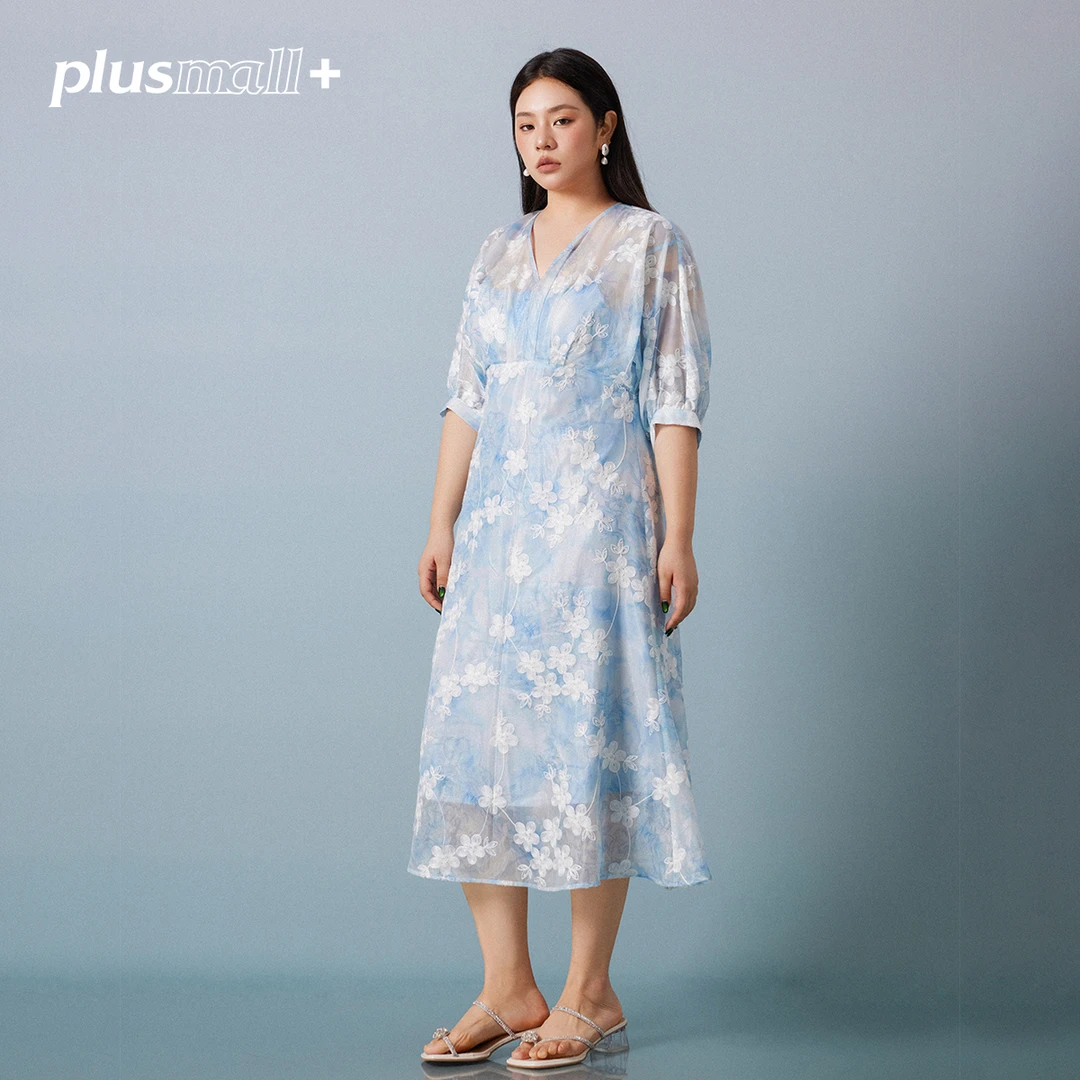 PLUSMALL 云水花谣 梭织重工印花绣花暗纹V领短袖连衣裙PM2505015