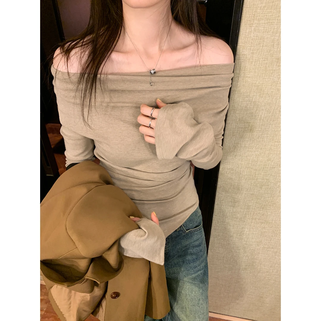 设计感小众褶皱不规则荡领长袖T恤女春秋2025新款打底衫修身上衣