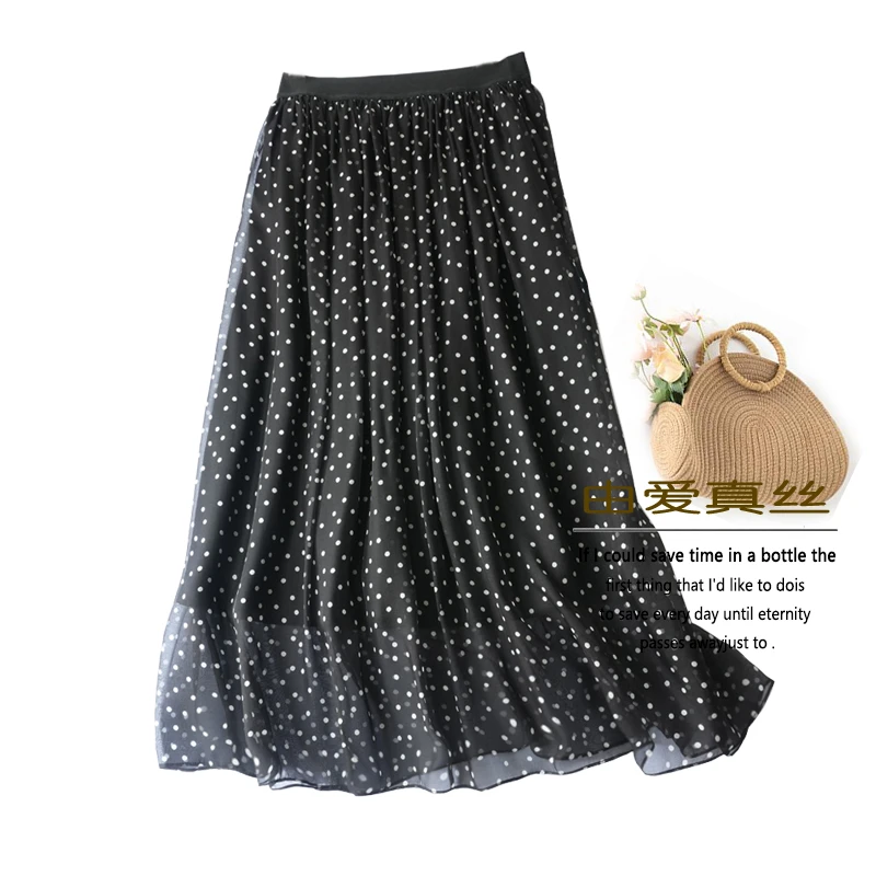 100%桑蚕丝波点半身裙女欧洲站大牌时尚洋气黑白撞色重磅真丝半裙