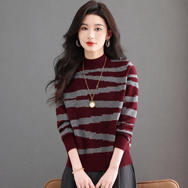 哥弟阿玛施正品冬季新款拼色半高领条纹针织衫洋气时尚韩版设计感