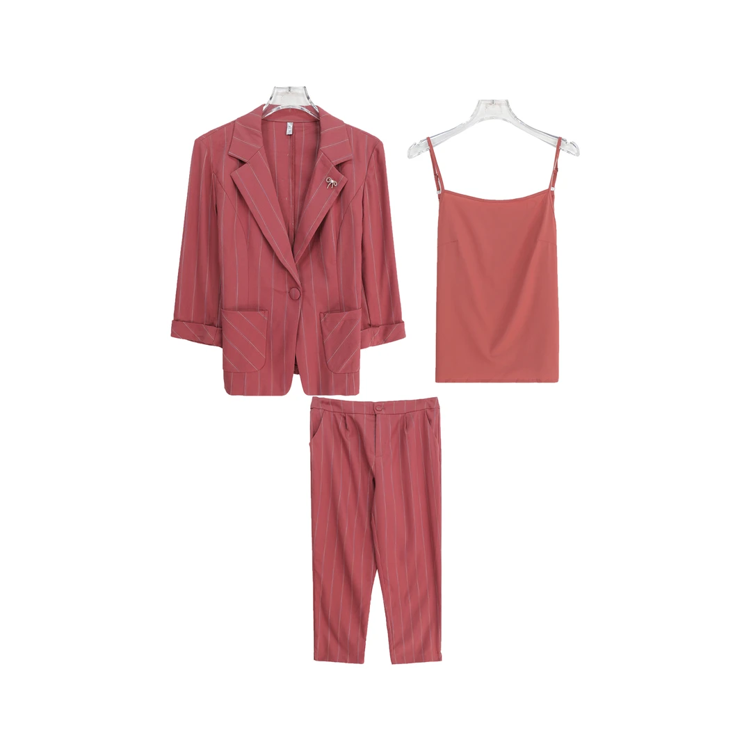 条纹一粒扣西装上衣吊带内搭休闲裤套装S3105